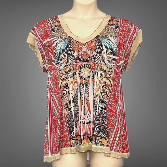VTG Y2K Women Top XL Colorful Sheer Embroidered Artsy Fairy Boho Hippie Festival - Picture 1 of 13